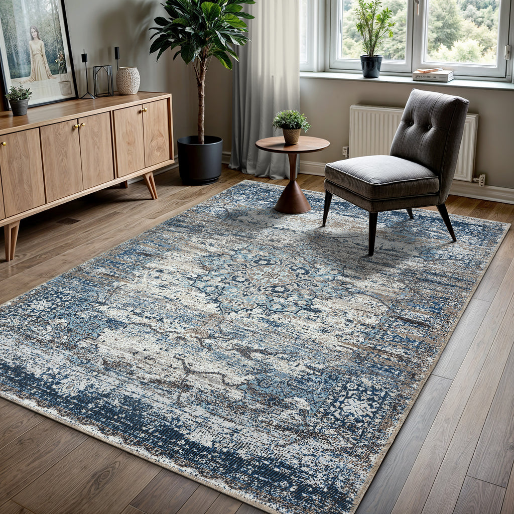 GLN Rugs Kumbet - Machine Washable Area Rug - Turkish Blue Home Rugs