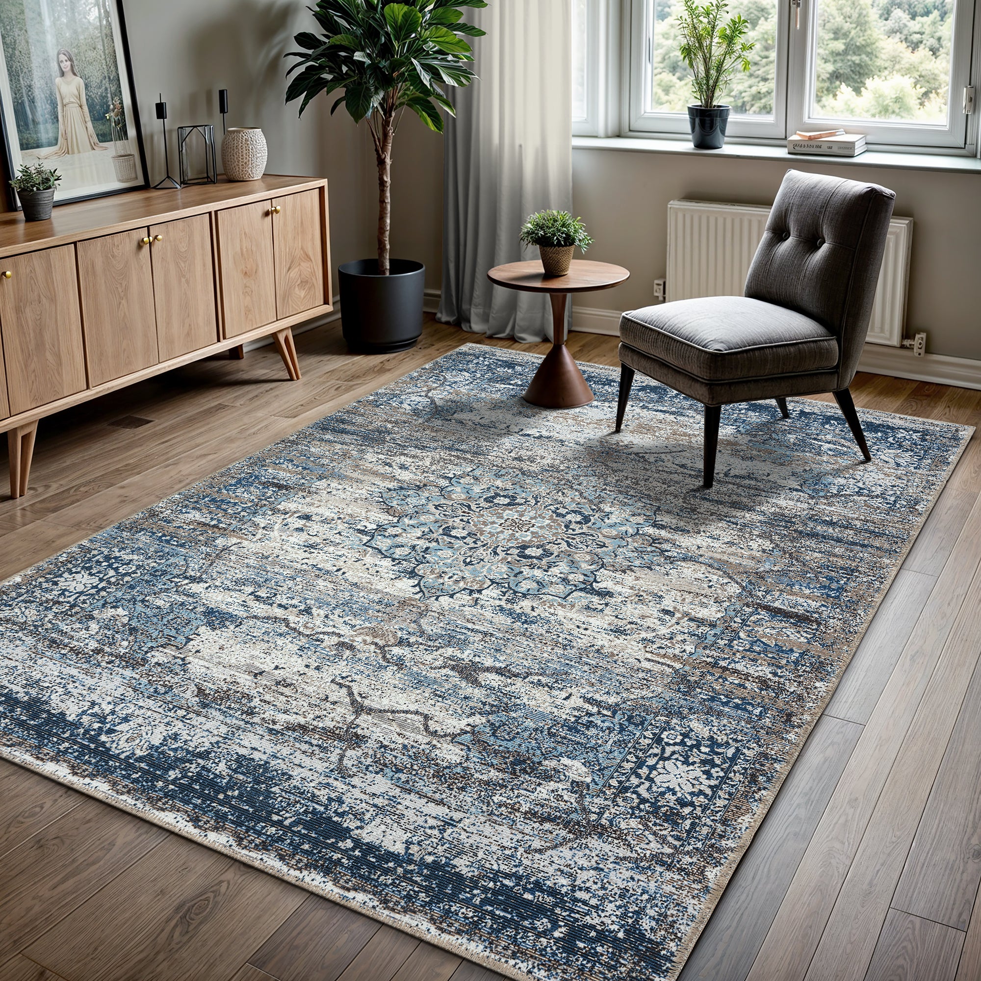 GLN Rugs Kumbet - Machine Washable Area Rug - Turkish Blue Home Rugs