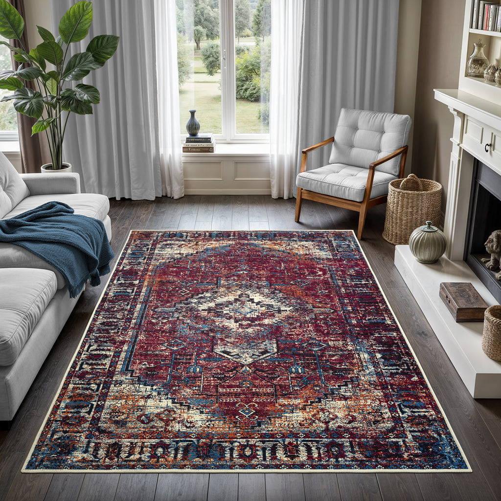 GLN Rugs Narman - Machine Washable Area Rug - Turkish Burgundy Home Rugs