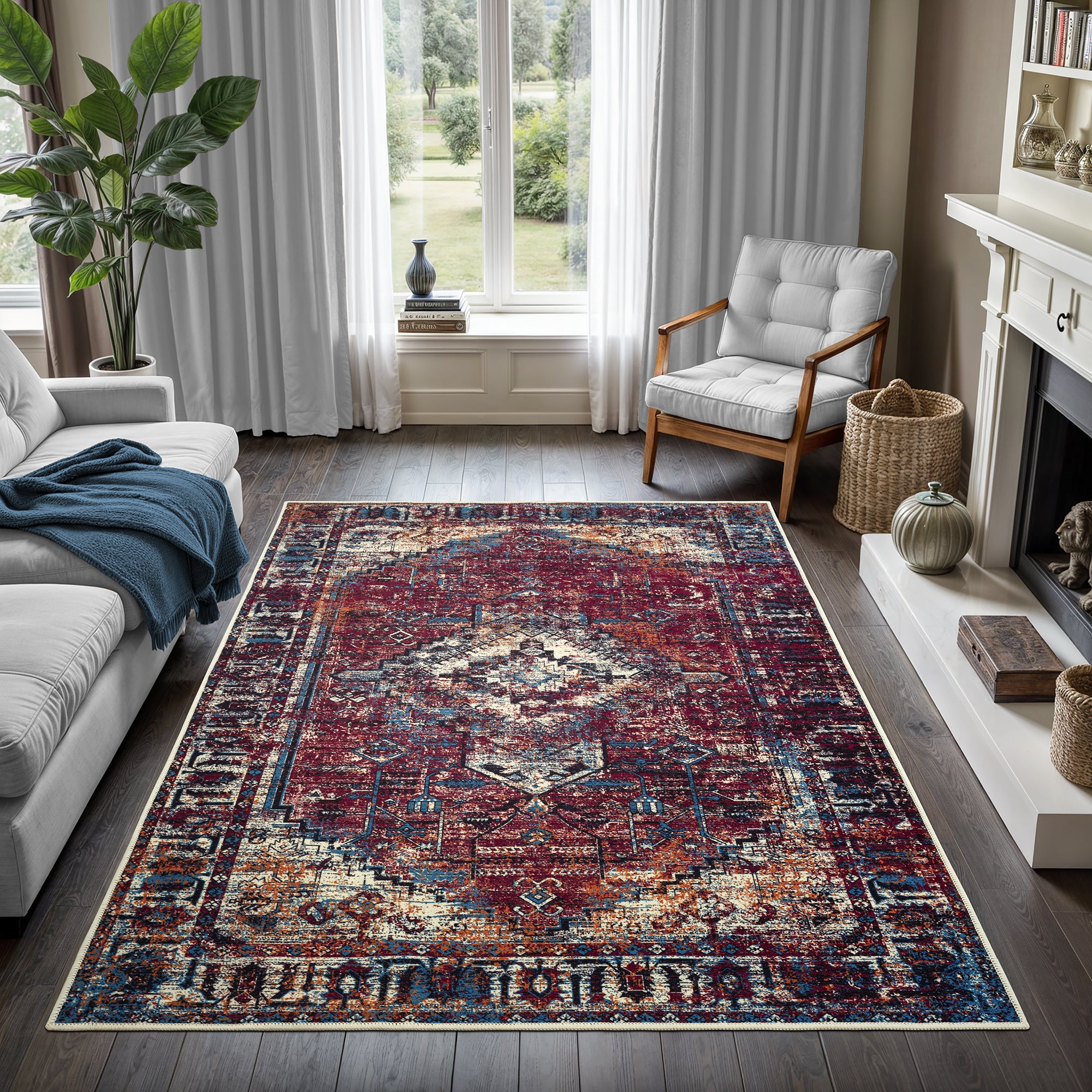 GLN Rugs Narman - Machine Washable Area Rug - Turkish Burgundy Home Rugs
