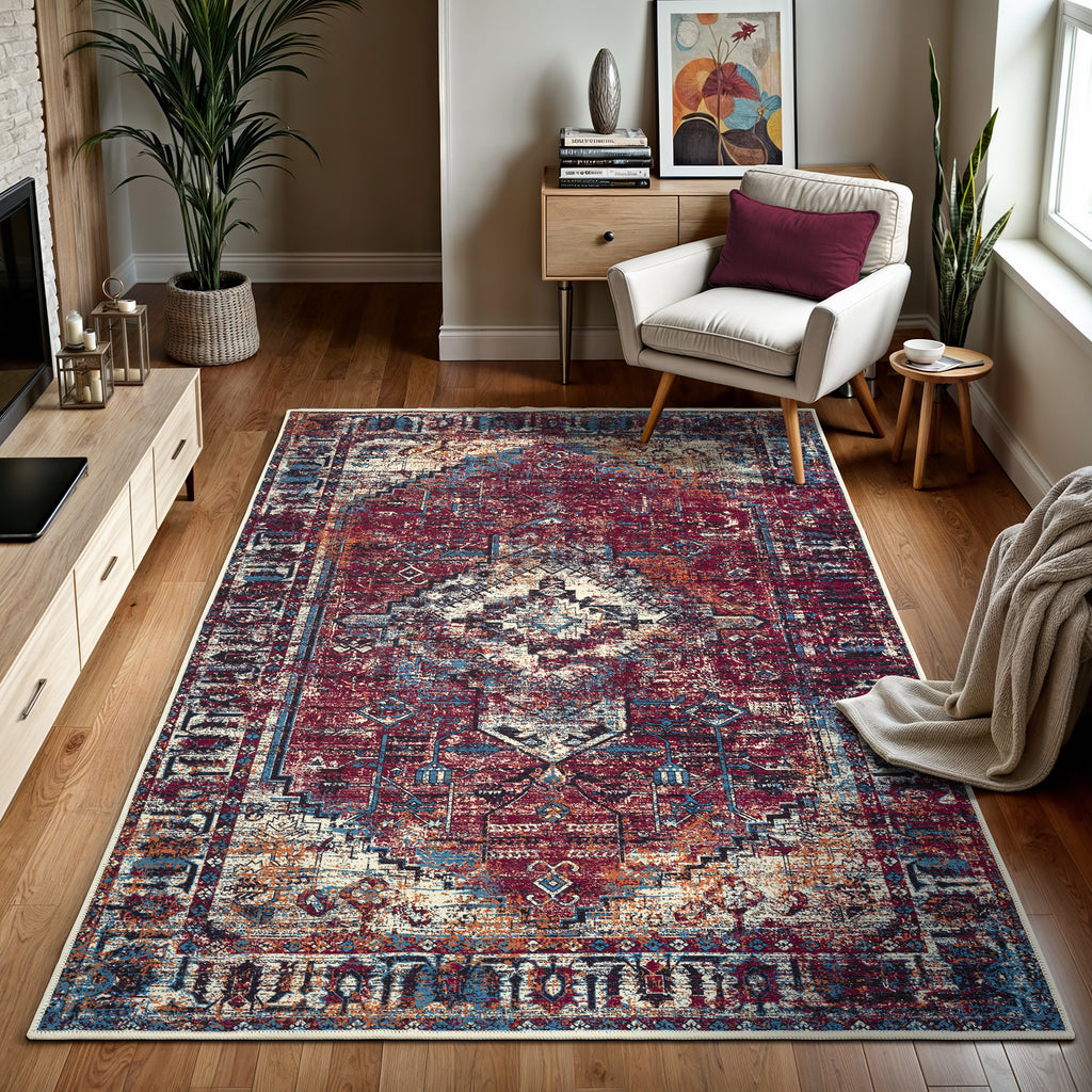 GLN Rugs Narman - Machine Washable Area Rug - Turkish Burgundy Home Rugs