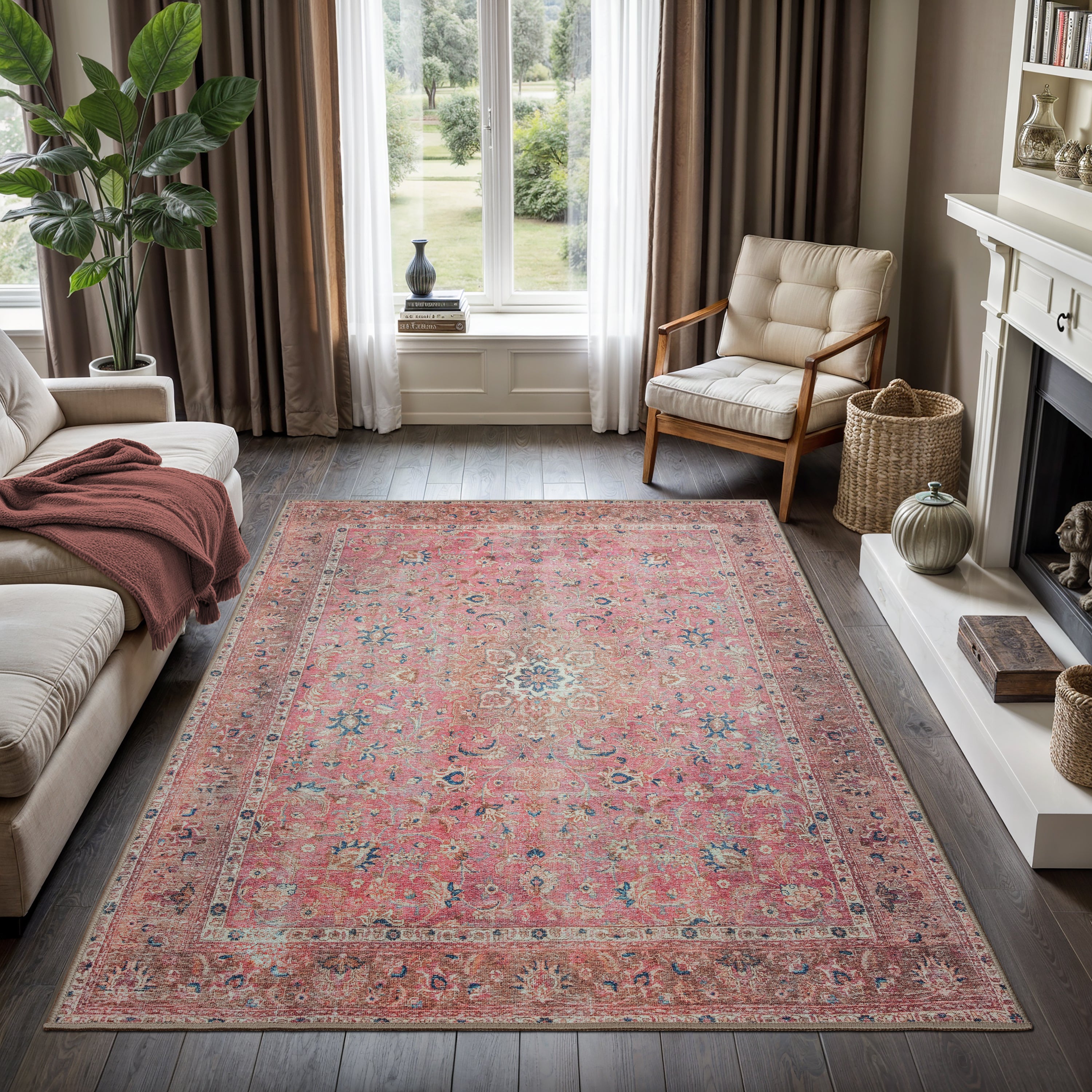 GLN Rugs Camelot - Machine Washable Area Rug - Turkish Pink/Coral Home Rugs