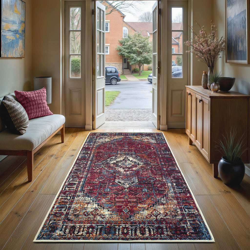 GLN Rugs Narman - Machine Washable Area Rug - Turkish Burgundy Home Rugs