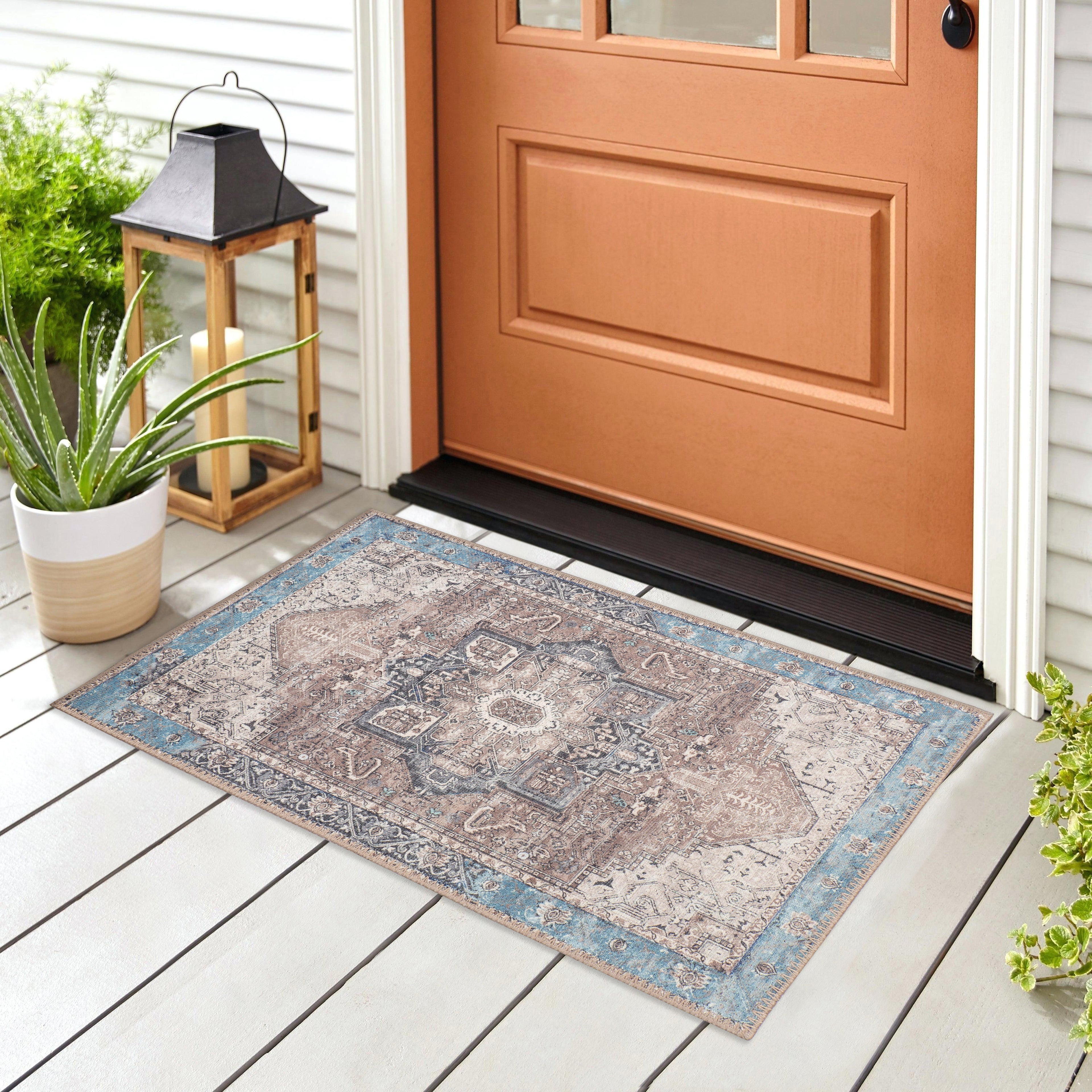 GLN Rugs Sinop - Machine Washable Area Rug - Brown/Blue Home Rug