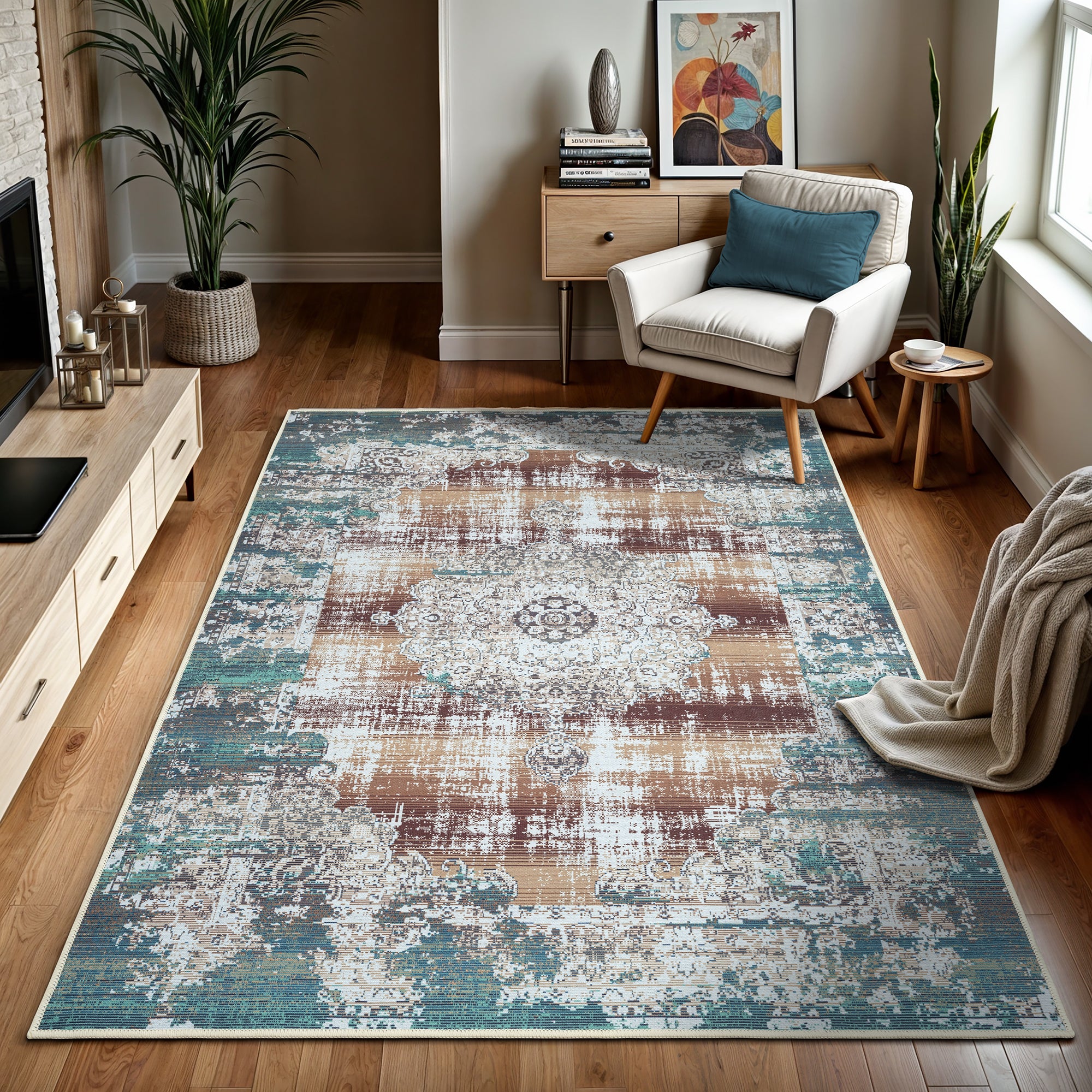 GLN Rugs Agean - Machine Washable Area Rug - Turkish Blue Home Rugs