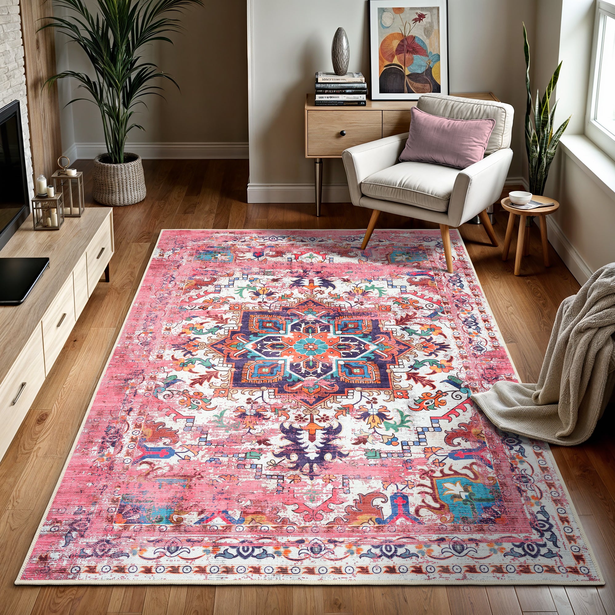 GLN Rugs Serik - Machine Washable Area Rug - Turkish Pink Home Rugs