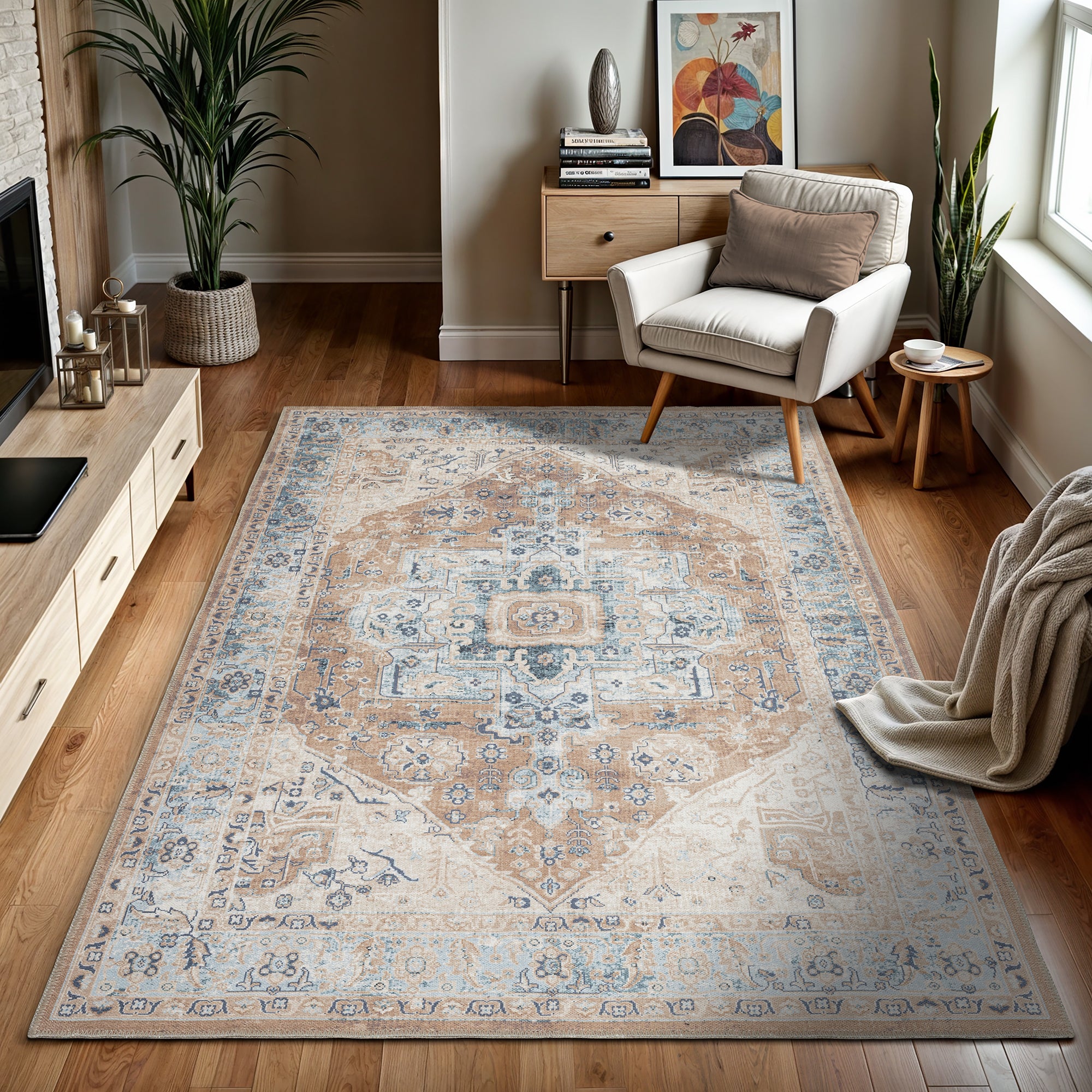 GLN Rugs Hopa - Machine Washable Area Rug - Turkish Brown/Blue Home Rugs