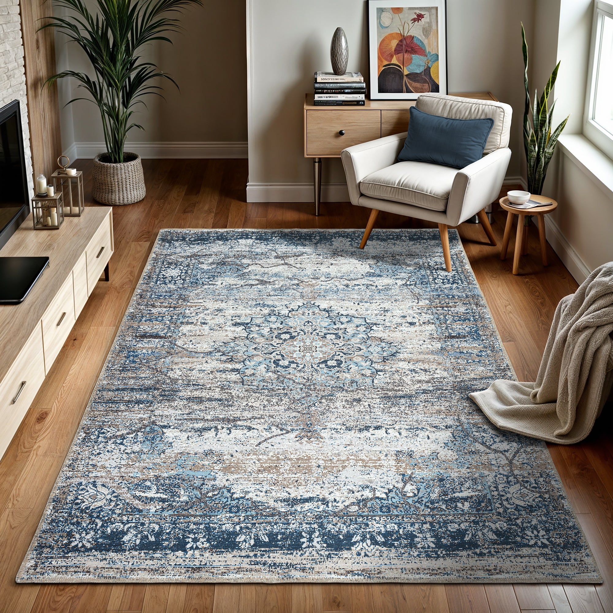 GLN Rugs Kumbet - Machine Washable Area Rug - Turkish Blue Home Rugs
