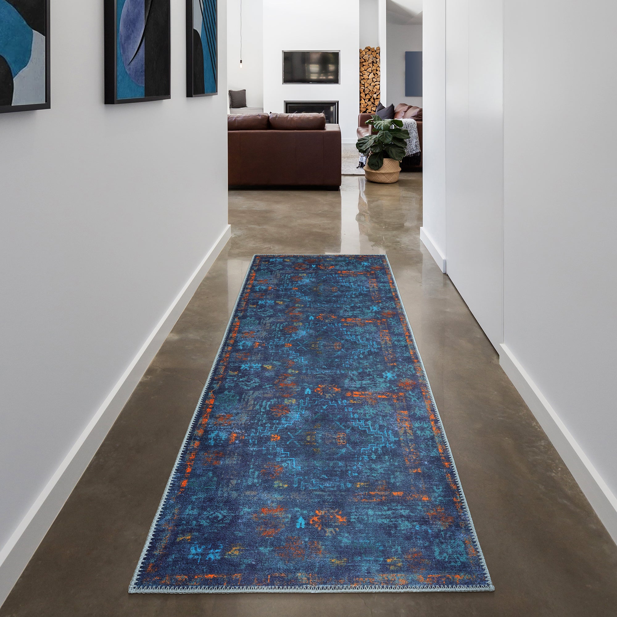 GLN Rugs Atlantis - Machine Washable Area Rug - Abstract Dark Blue Home Rugs