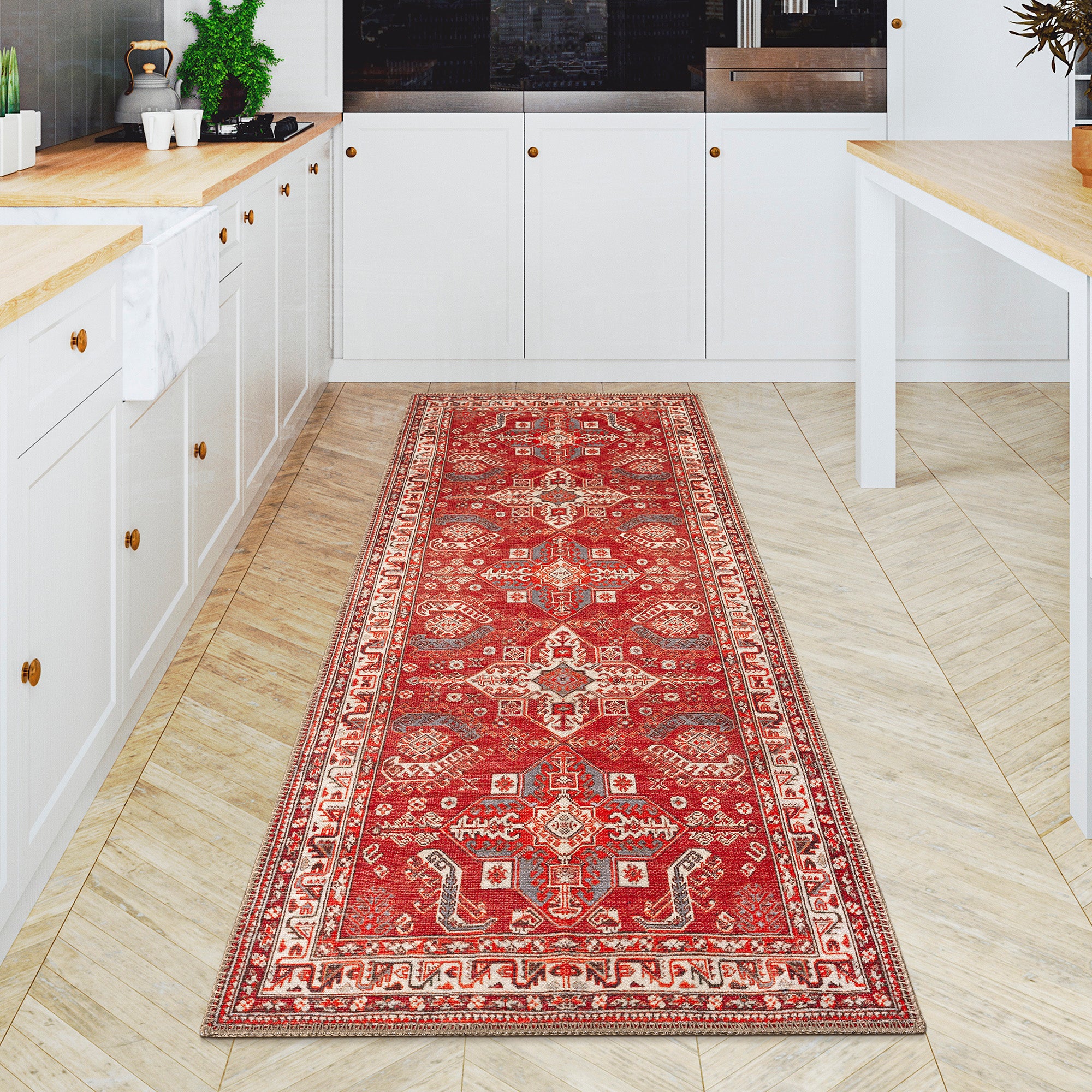 GLN Rugs Knossos - Machine Washable Area Rug - Turkish Red/Beige Home Rugs