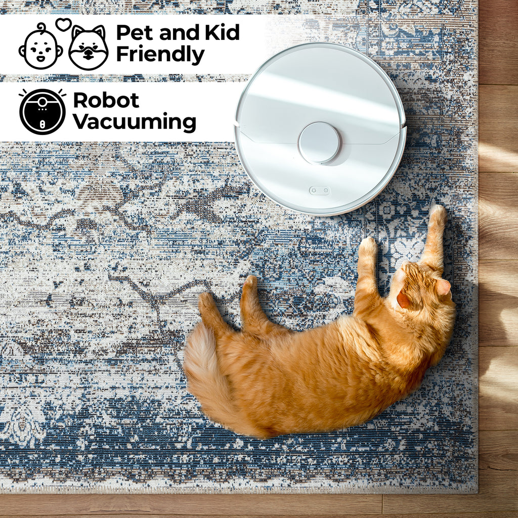 GLN Rugs Kumbet - Machine Washable Area Rug - Turkish Blue Home Rugs