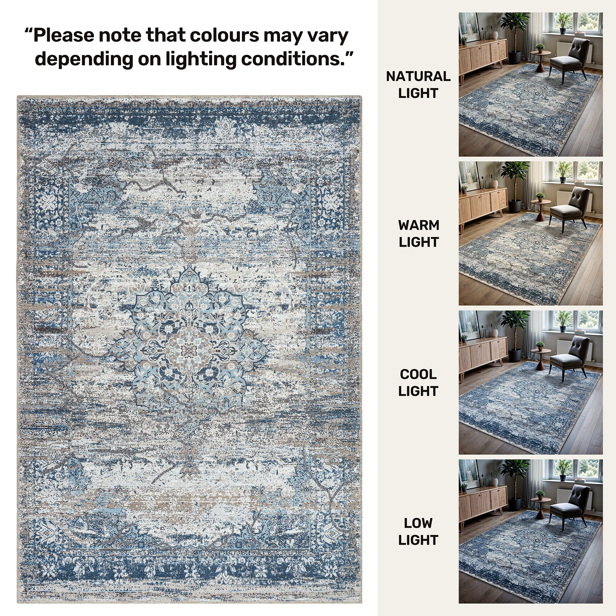GLN Rugs Kumbet - Machine Washable Area Rug - Turkish Blue Home Rugs