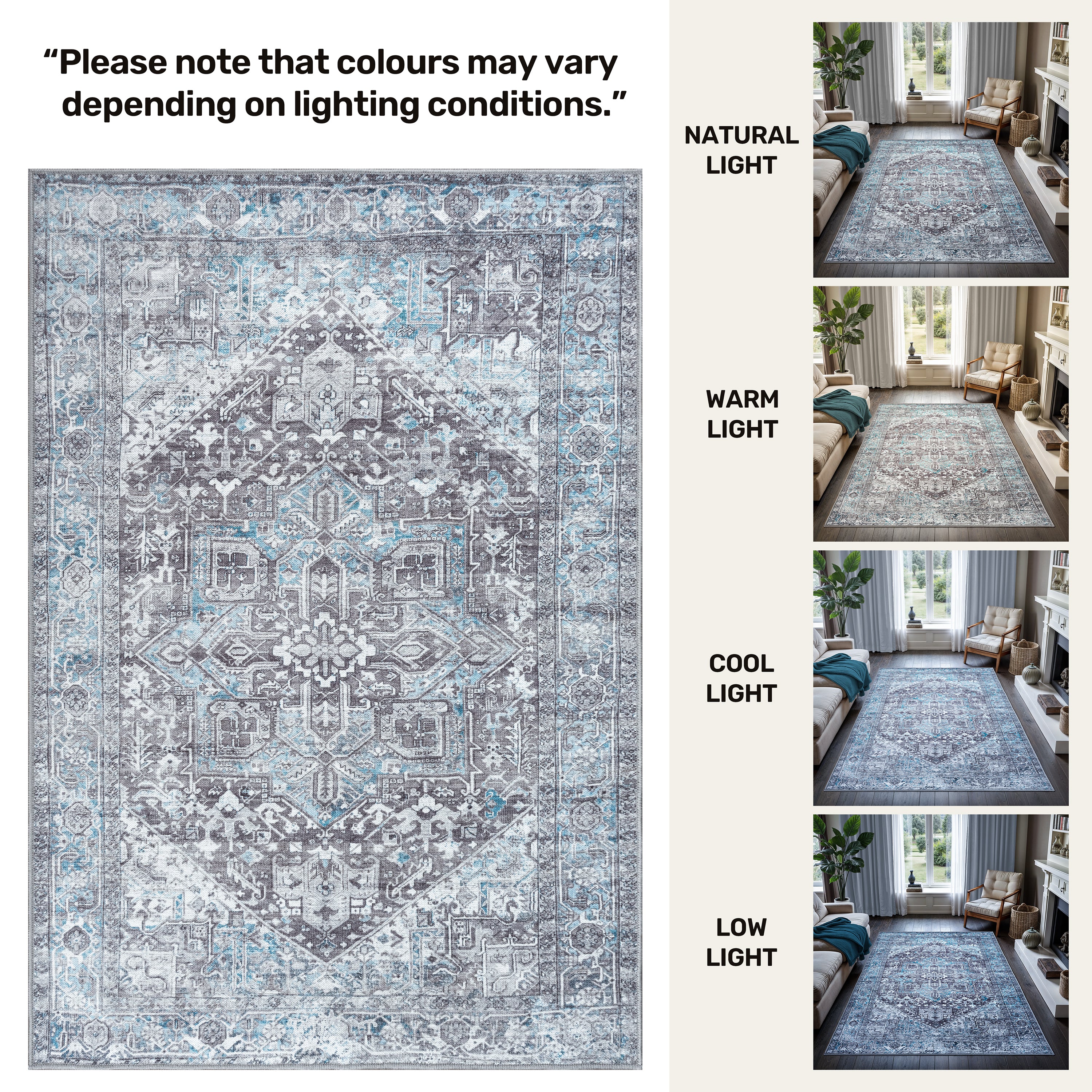 GLN Rugs Memphis - Machine Washable Area Rug - Turkish Ice Blue/Gray Home Rugs