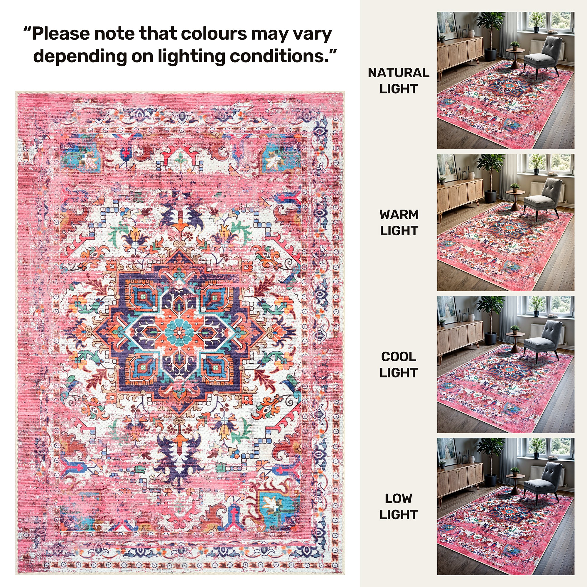 GLN Rugs Serik - Machine Washable Area Rug - Turkish Pink Home Rugs