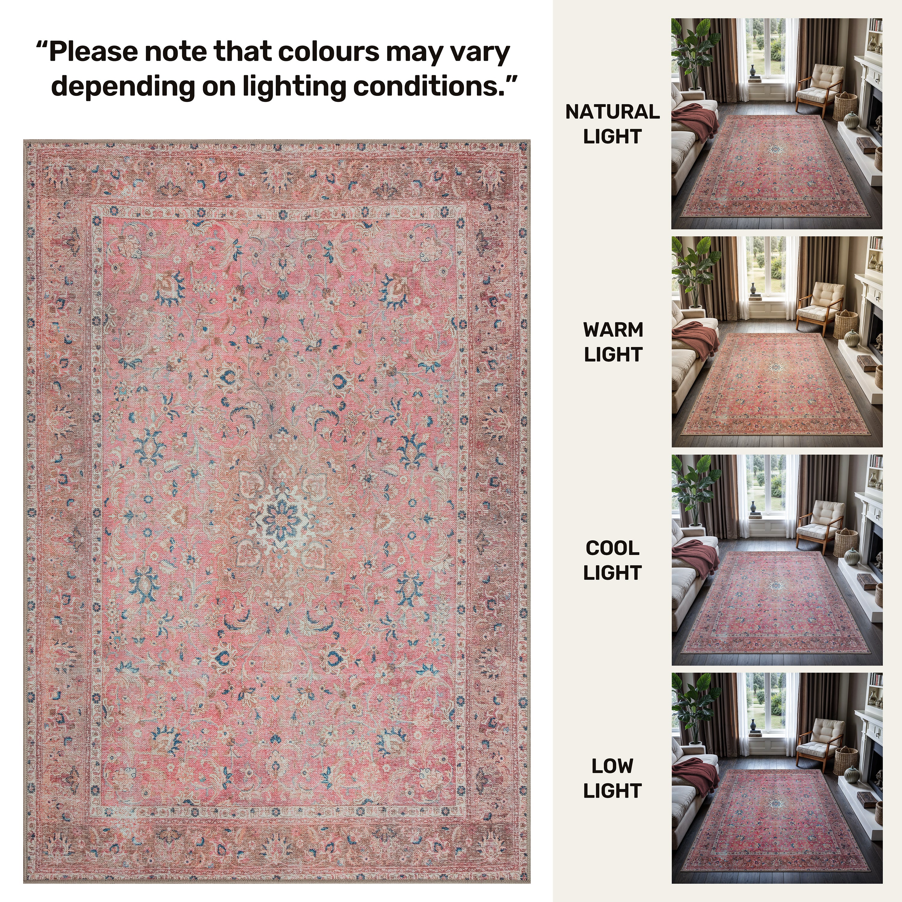 GLN Rugs Camelot - Machine Washable Area Rug - Turkish Pink/Coral Home Rugs