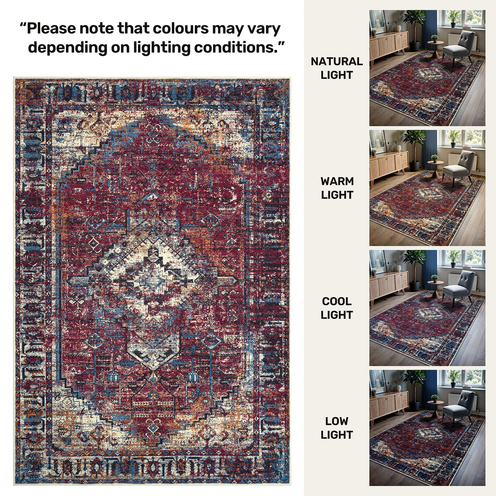 GLN Rugs Narman - Machine Washable Area Rug - Turkish Burgundy Home Rugs