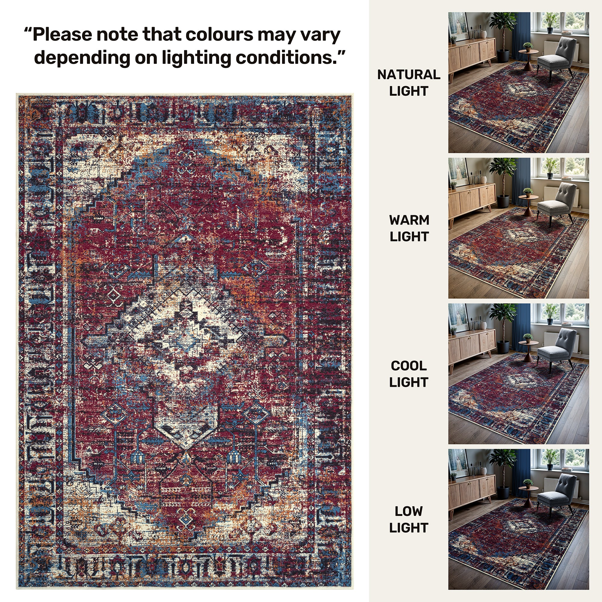 GLN Rugs Narman - Machine Washable Area Rug - Turkish Burgundy Home Rugs