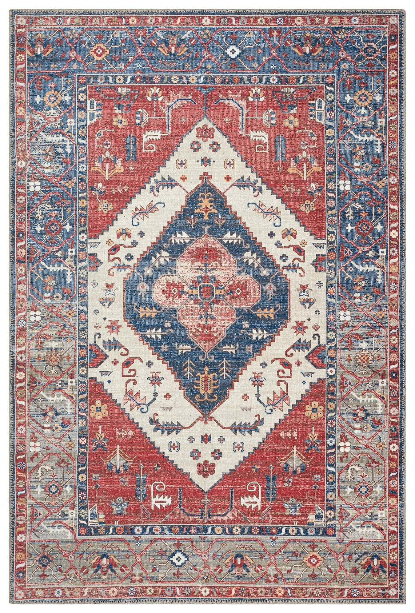 A traditional Turkish red area rug with geometric and floral patterns, power-loomed with non-slip backing.