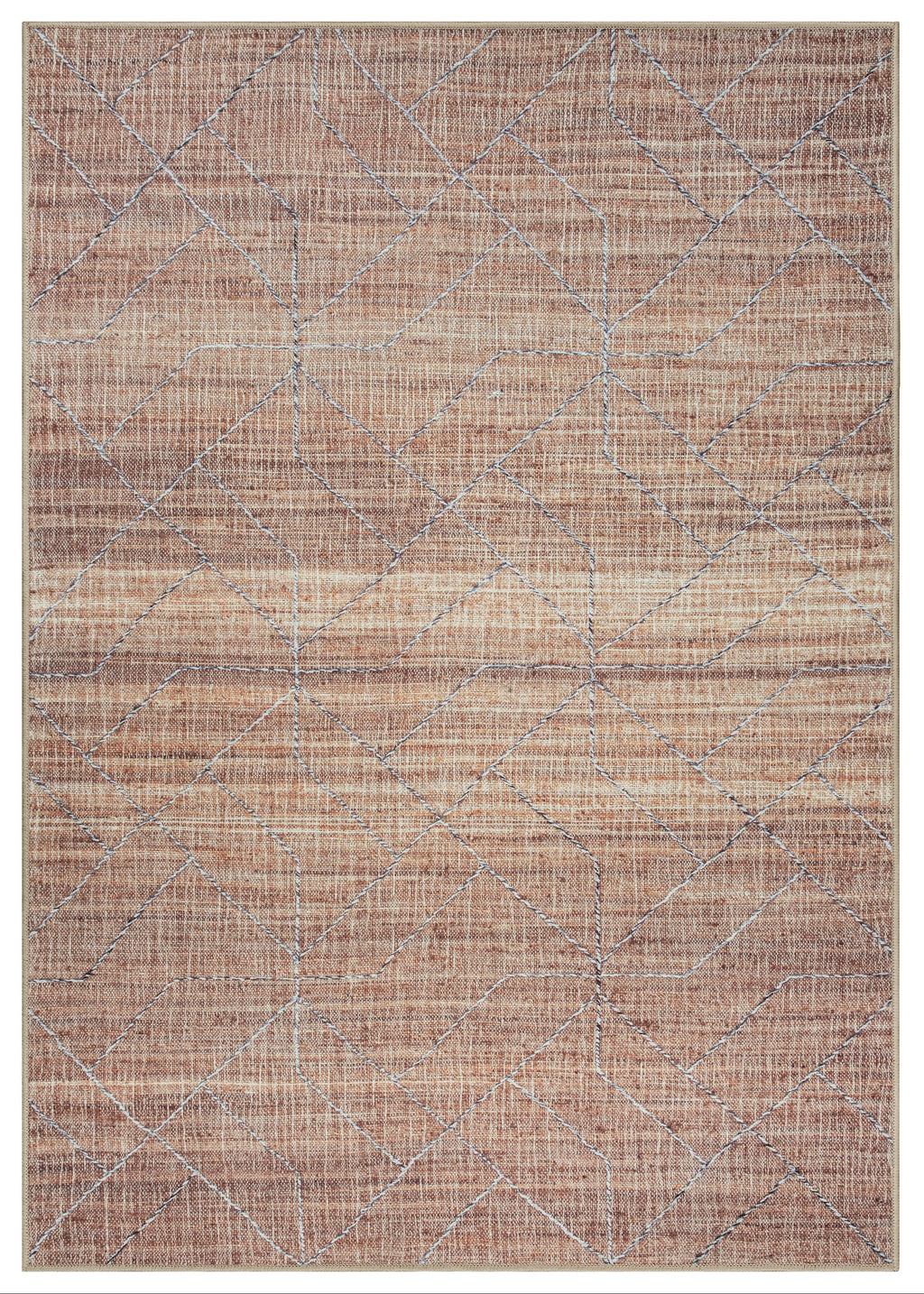 A bohemian style area rug with a geometric pattern in terra and brown hues.