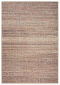 A bohemian style area rug with a geometric pattern in terra and brown hues.