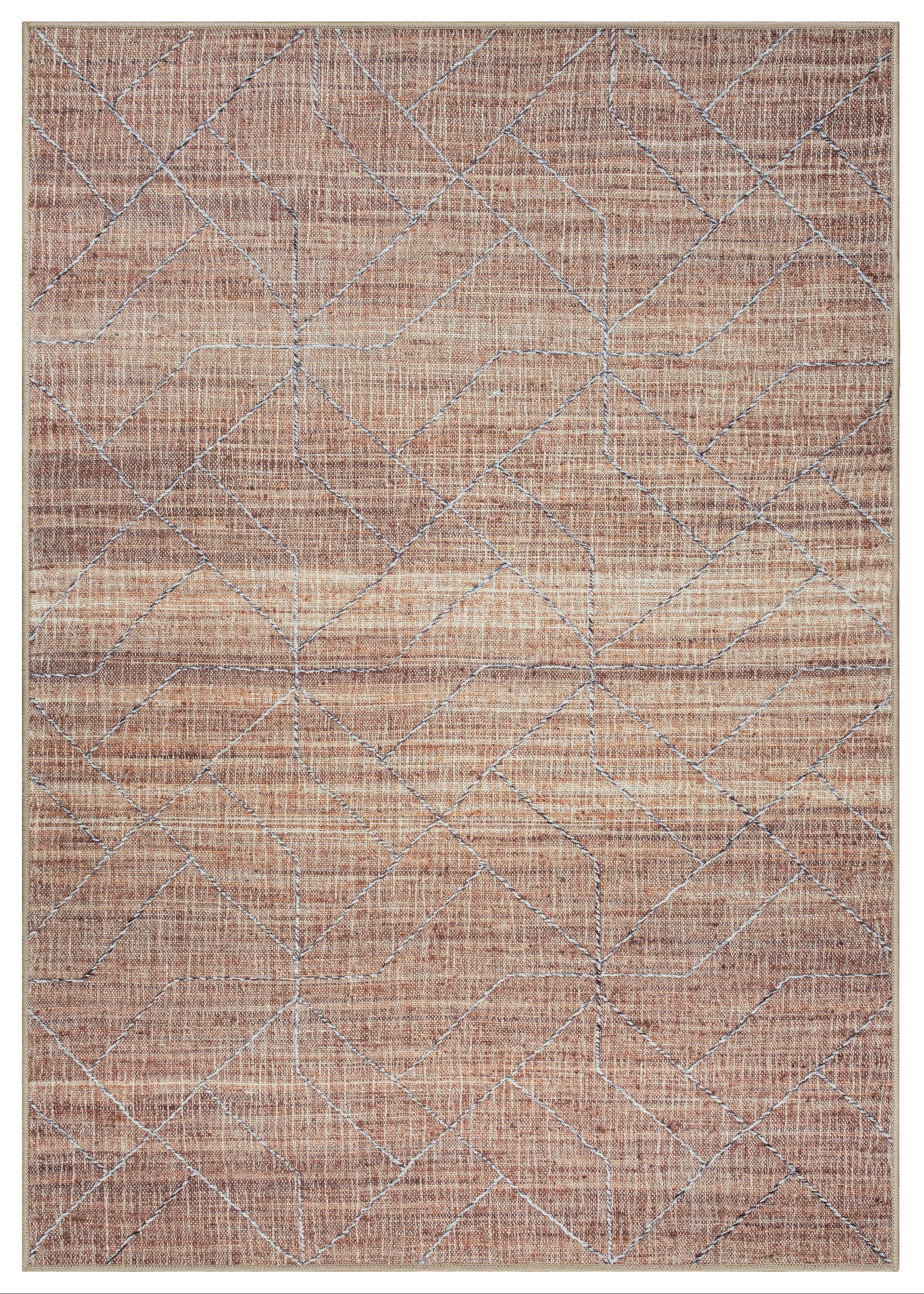 A bohemian style area rug with a geometric pattern in terra and brown hues.