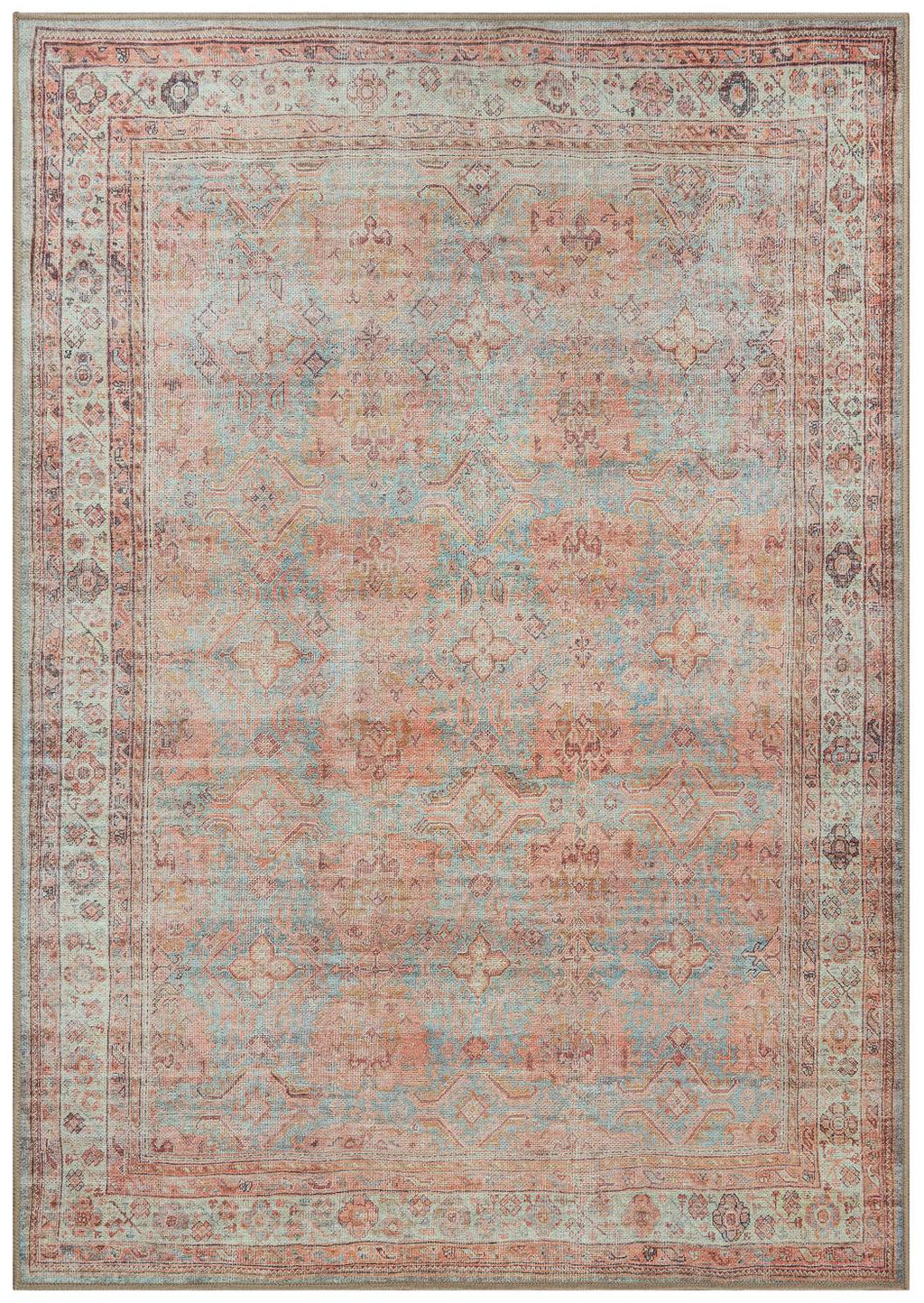 A traditional Turkish area rug with a floral pattern in a blend of orange, blue, and beige colors.