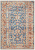 A traditional multicolored area rug with a floral pattern, predominantly blue and brown.