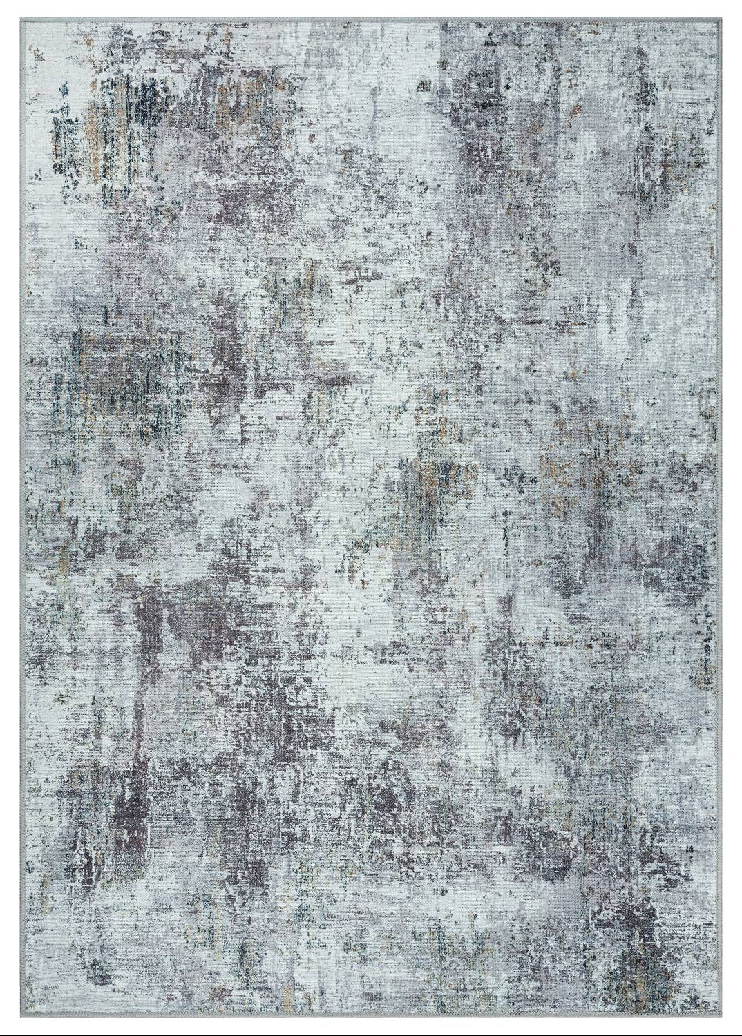 A machine washable, distressed gray area rug with no distinct pattern.