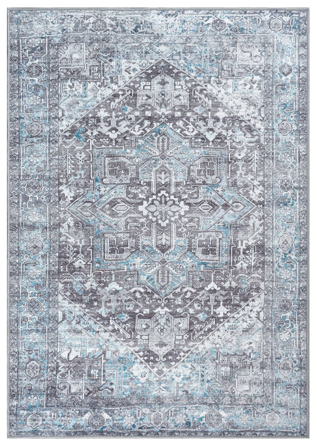 A traditional Turkish ice blue/gray area rug with a floral pattern, power-loomed for durability and crafted with non-skid backing.