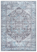 A traditional Turkish ice blue/gray area rug with a floral pattern, power-loomed for durability and crafted with non-skid backing.