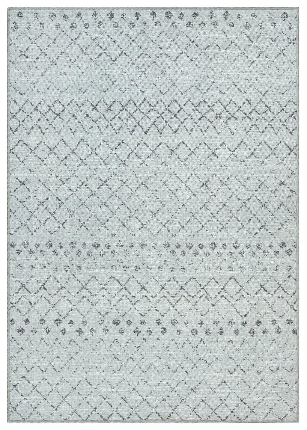 A gray modern area rug with a geometric pattern, suitable for machine washing.