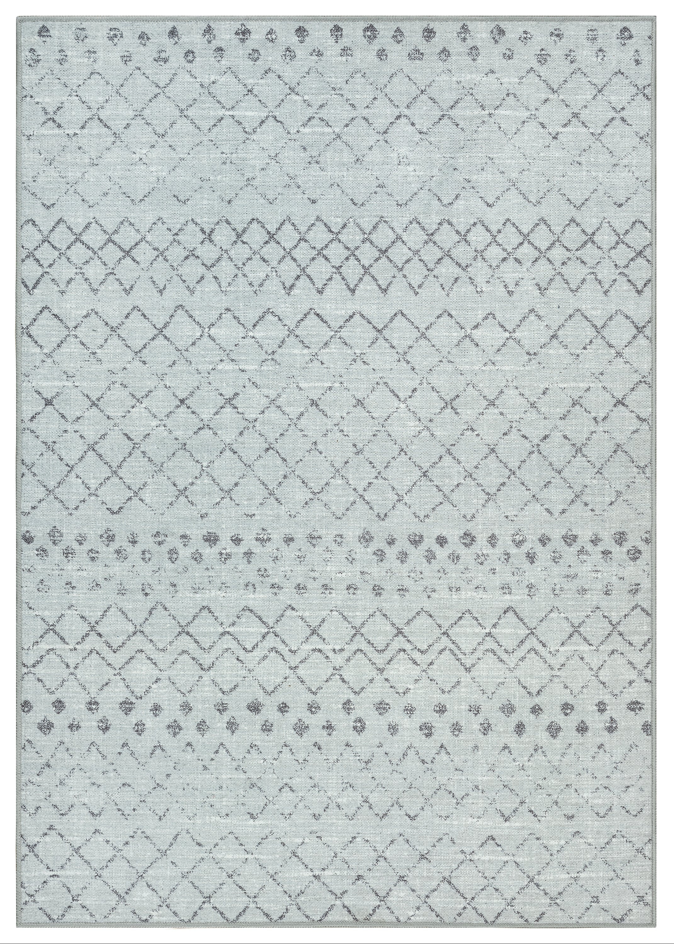 A gray modern area rug with a geometric pattern, suitable for machine washing.