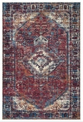 A traditional Turkish burgundy area rug with a geometric pattern, featuring red, blue, and beige colors.