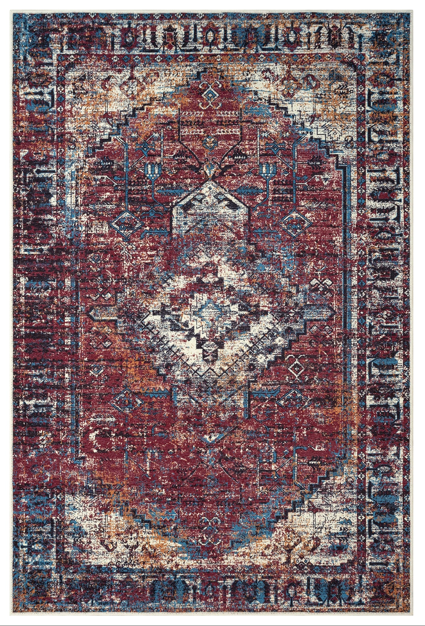 A traditional Turkish burgundy area rug with a geometric pattern, featuring red, blue, and beige colors.