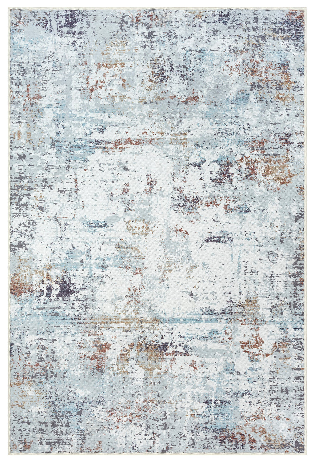 A machine washable, abstract grey multicolored area rug.