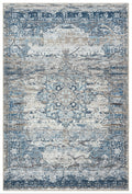 A traditional Turkish blue area rug with a floral pattern, power-loomed and suitable for high-traffic areas, with non-slip backing.