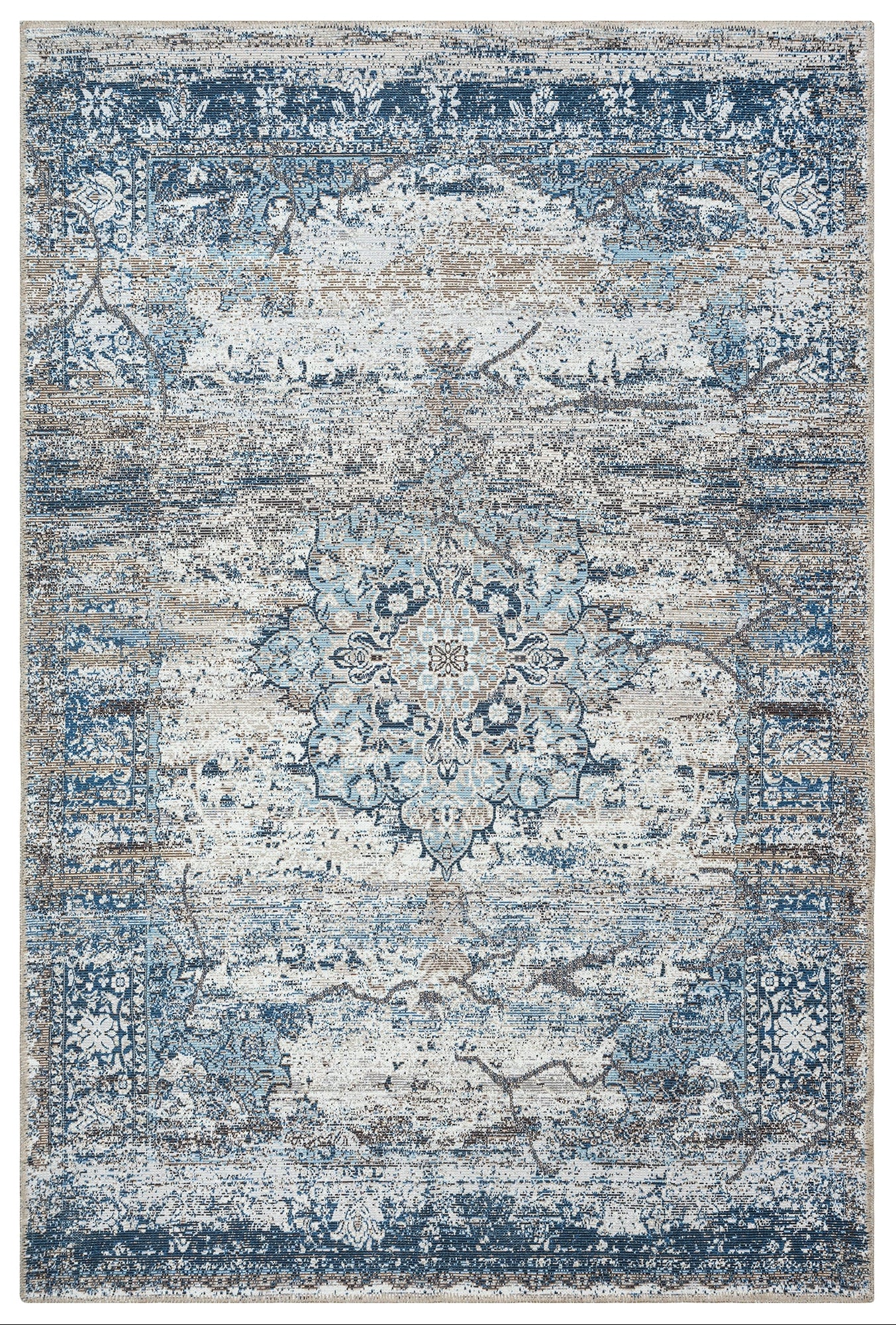 A traditional Turkish blue area rug with a floral pattern, power-loomed and suitable for high-traffic areas, with non-slip backing.
