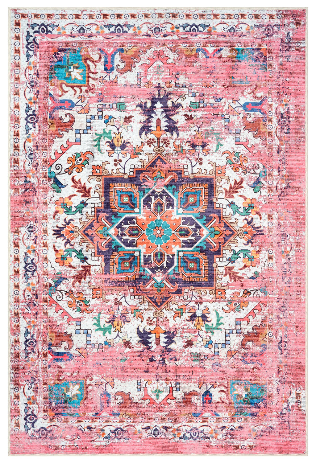 A traditional Turkish pink area rug with a floral and geometric pattern.