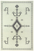 A bohemian style area rug with a geometric pattern in black and beige colors, power-loomed with non-slip padding.
