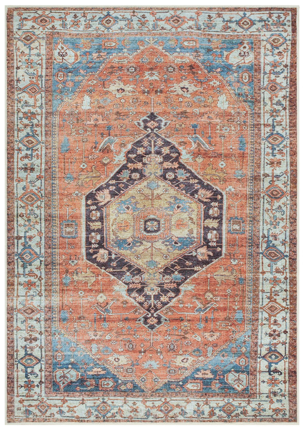 A machine washable area rug with a traditional geometric pattern in shades of orange, blue, and beige.