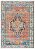 A machine washable area rug with a traditional geometric pattern in shades of orange, blue, and beige.