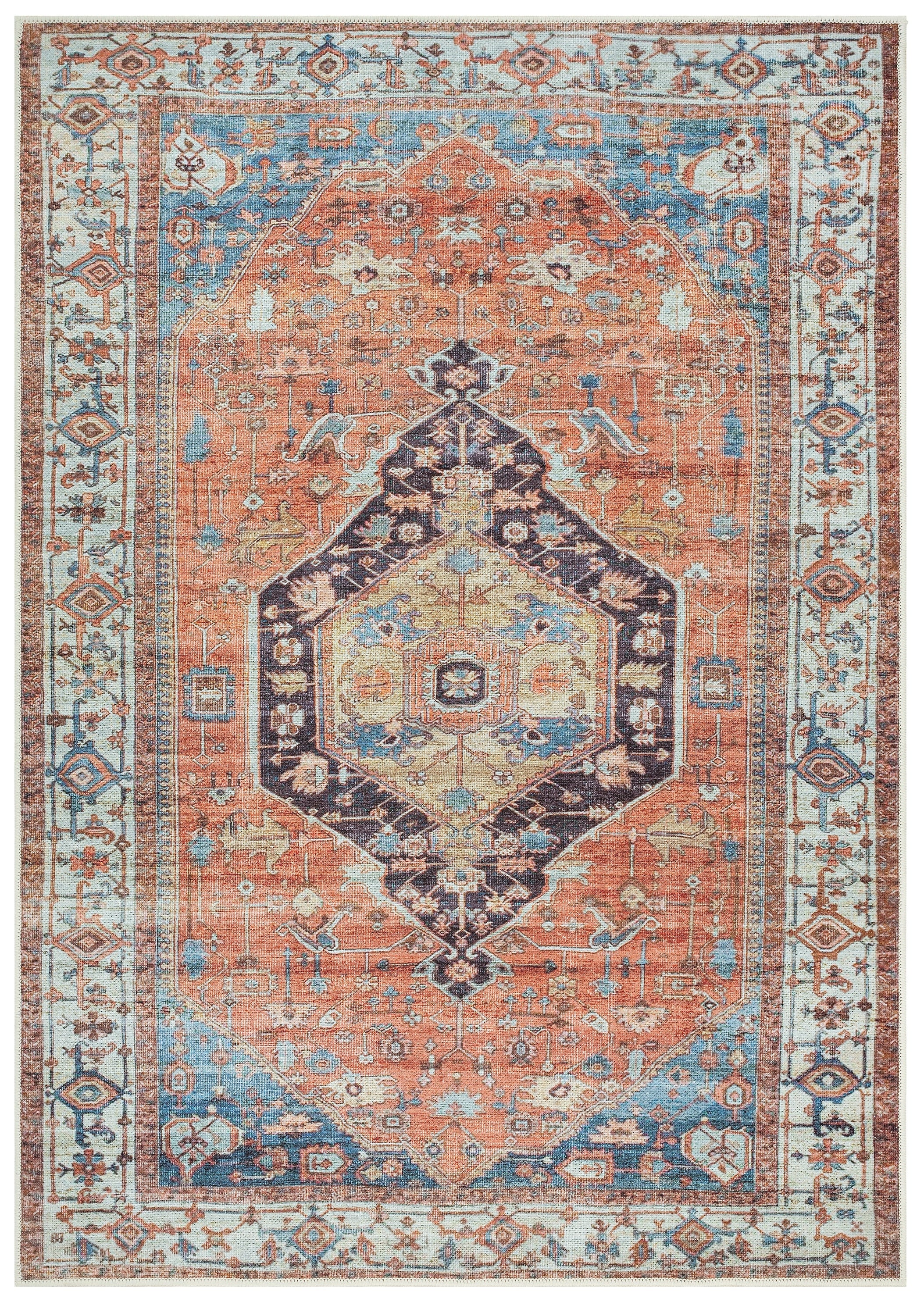 A machine washable area rug with a traditional geometric pattern in shades of orange, blue, and beige.