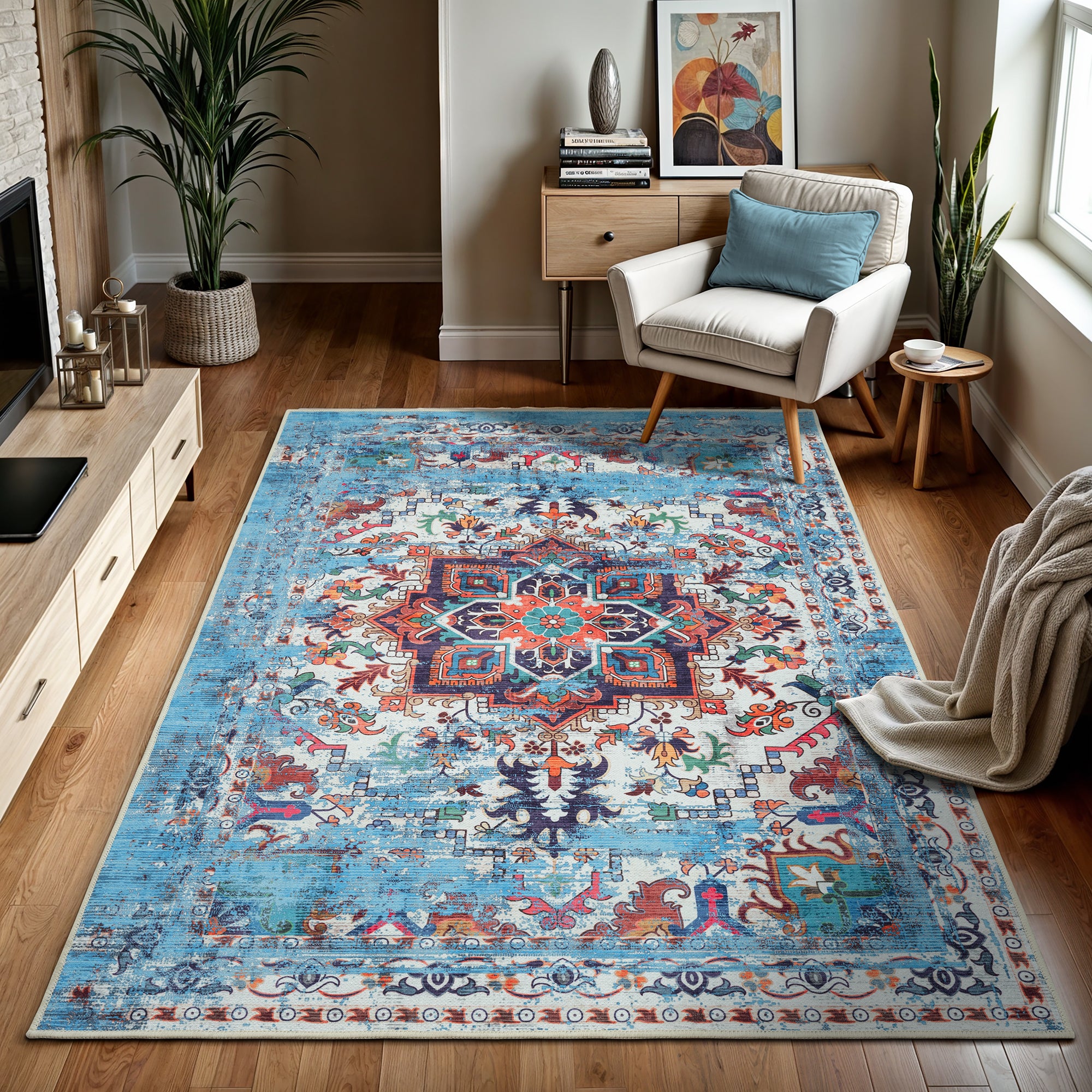 GLN Rugs Narli - Machine Washable Area Rug - Turkish Blue Home Rugs