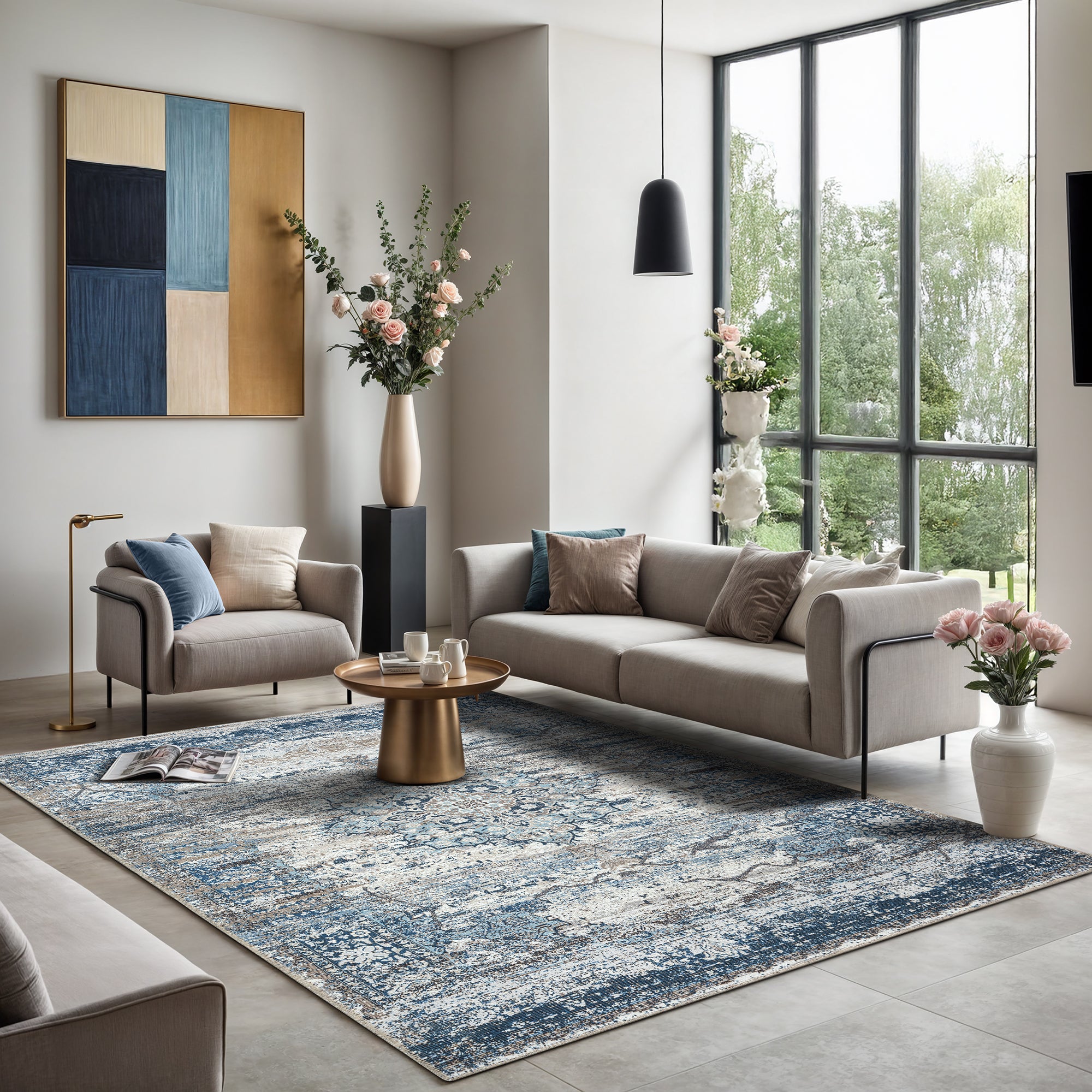 GLN Rugs Kumbet - Machine Washable Area Rug - Turkish Blue Home Rugs