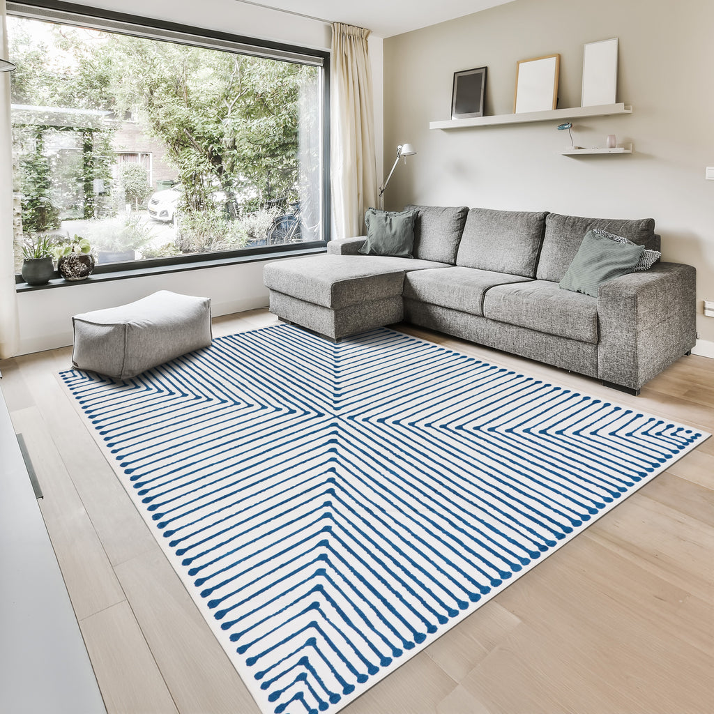 GLN Rugs Teos - Machine Washable Area Rug - Blue/Ivory Home Rug
