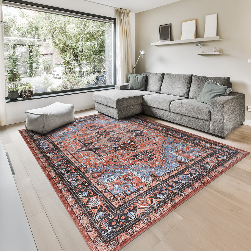 GLN Rugs Heliopolis - Machine Washable Area Rug - Terra-Black/Multicolor Home Rug