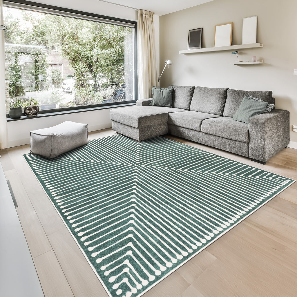 GLN Rugs Priene - Machine Washable Area Rug - Beige/Green Home Rug