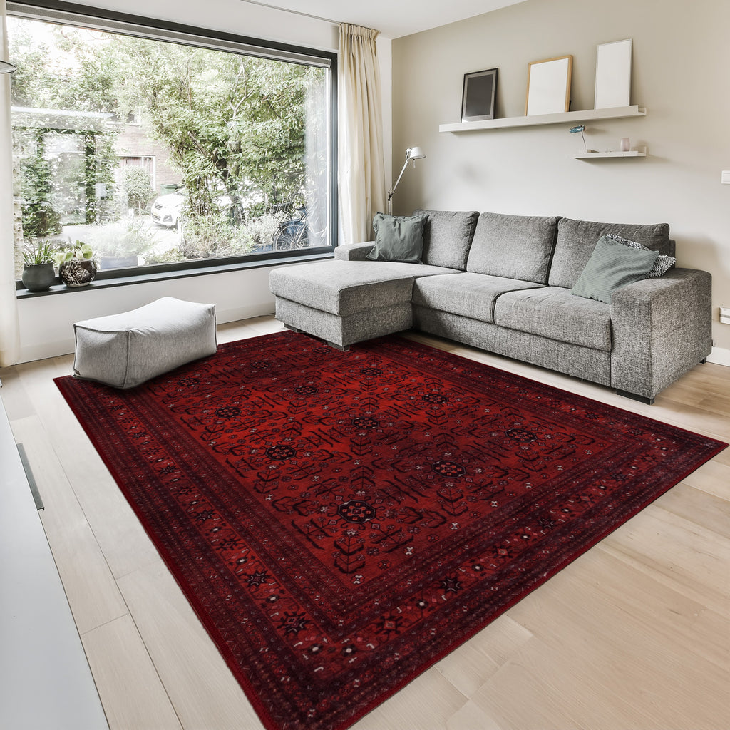GLN Rugs Lyonesse - Machine Washable Area Rug - Afghan Dark Red Home Rug