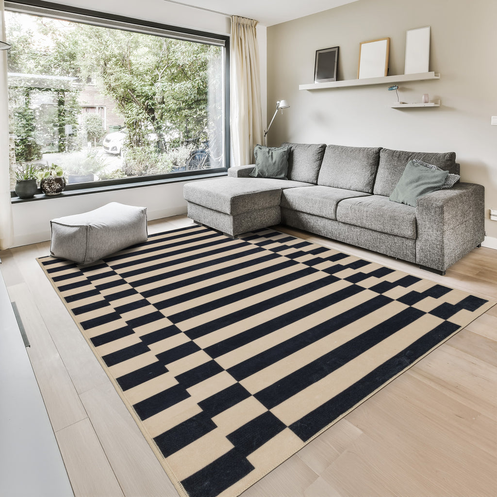 GLN Rugs Bodrum - Machine Washable Area Rug - Navy/Beige Home Rug