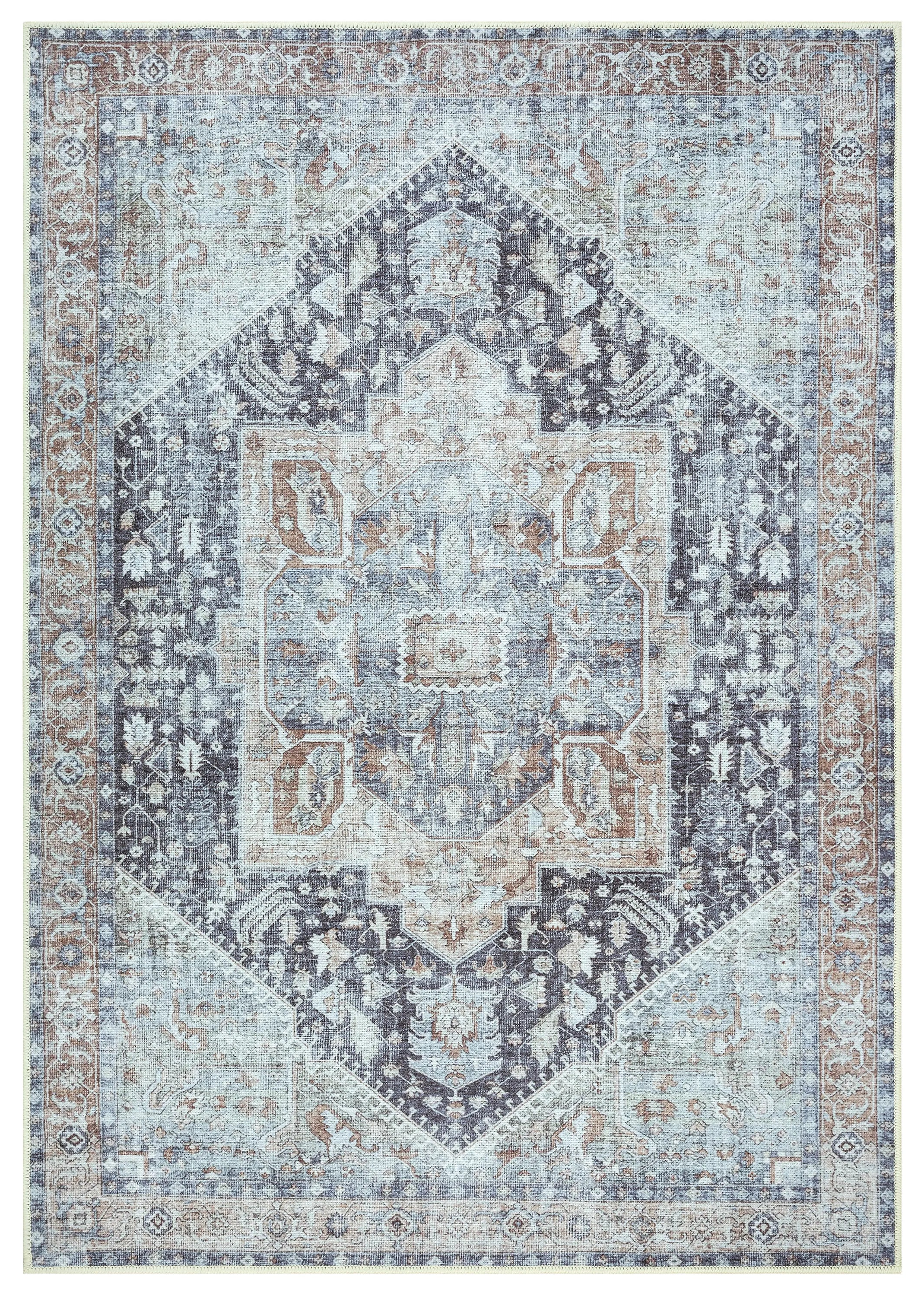 A traditional Turkish brown and gray area rug with a floral pattern and central medallion design.